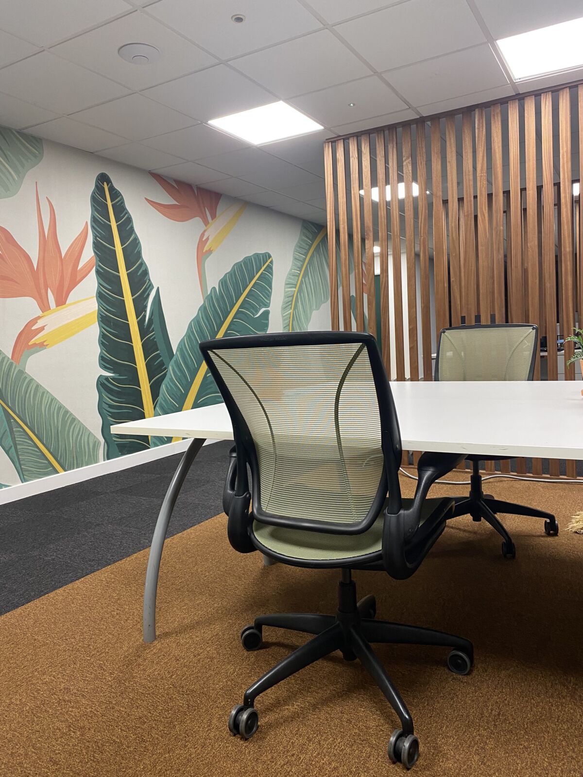 Dedicated desk with a mesh chair beside a tropical mural at TBXH